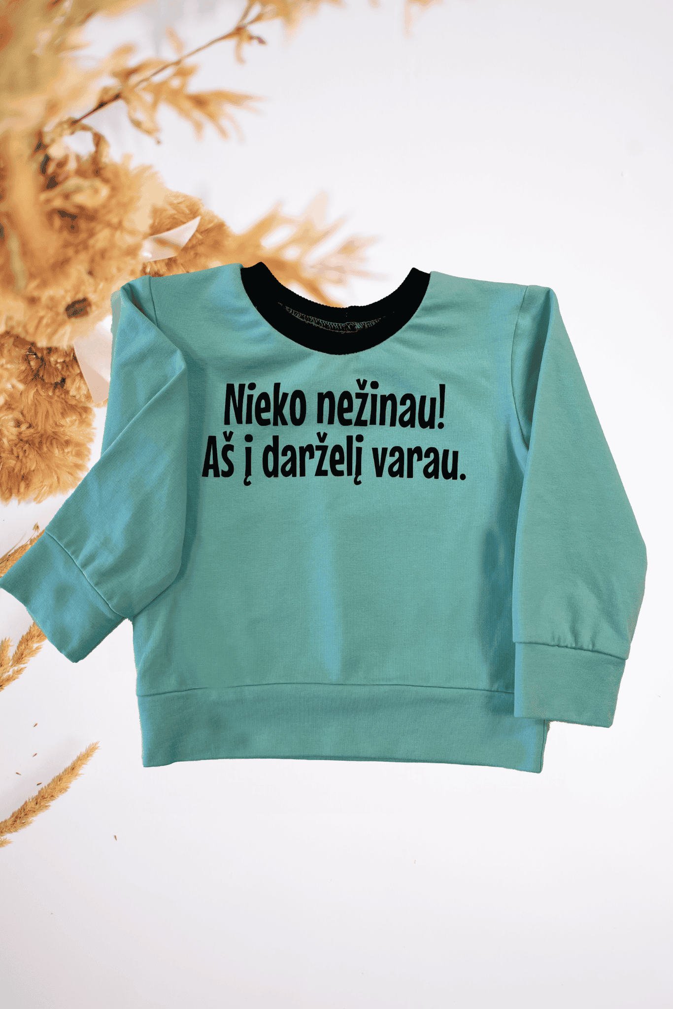 Vaikiškas džemperis “NIEKO NEŽINAU, AŠ Į DARŽELĮ VARAU." | Išskirtinės spalvos - Stiliaus detalė