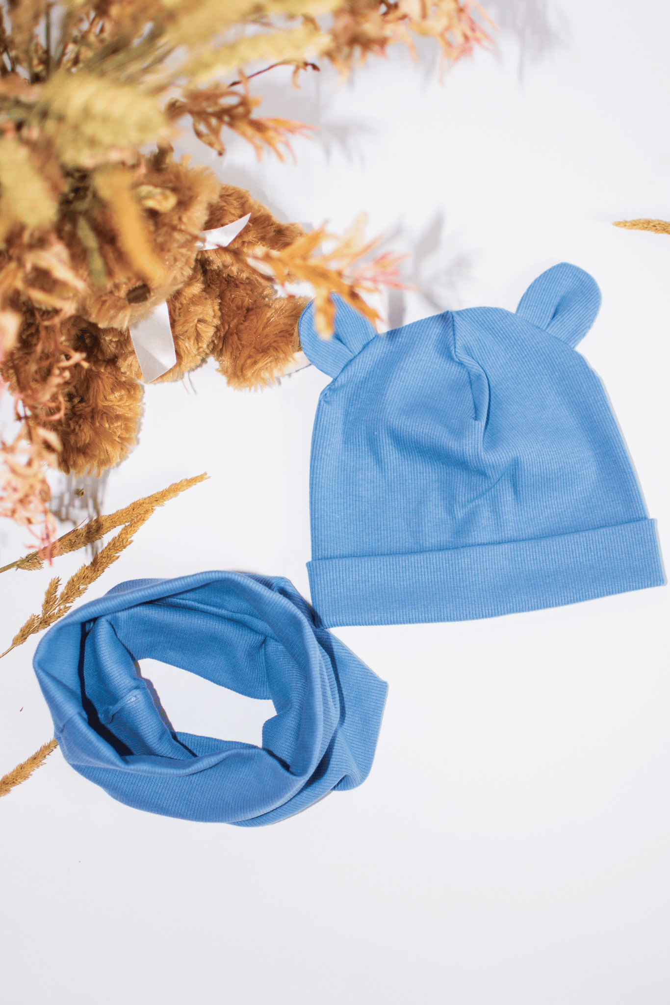 Denim spalvos RIB kepurės ir šaliko/movos meškiuko komplektai vaikams - Stiliaus detalė