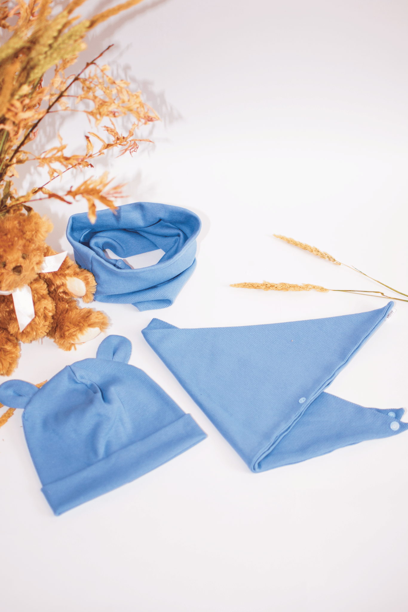 Denim spalvos RIB kepurės ir šaliko/movos meškiuko komplektai vaikams - Stiliaus detalė