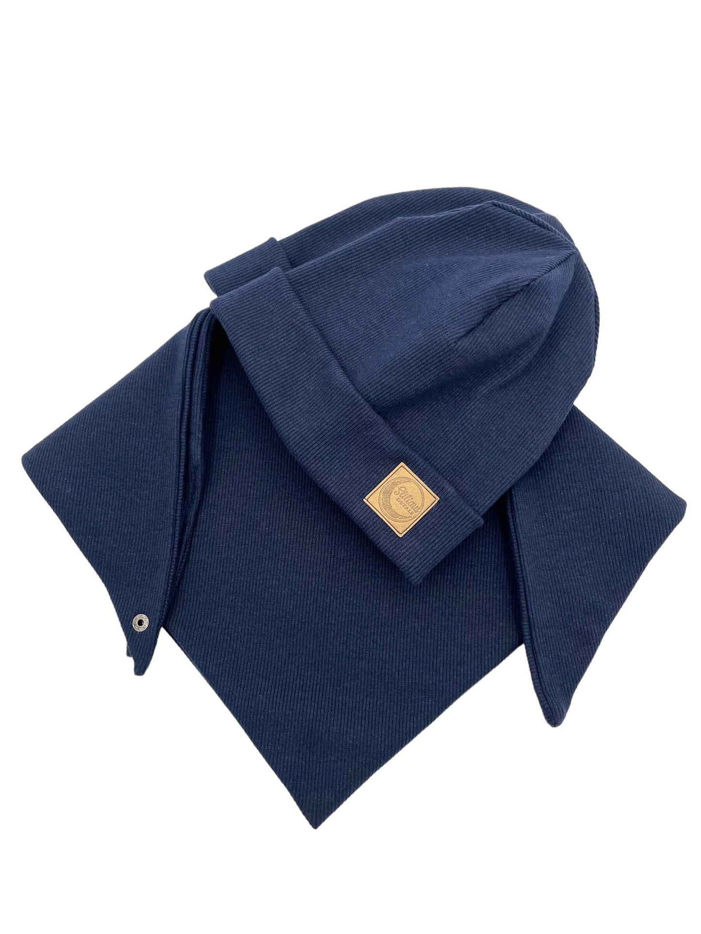 Rašalo mėlynos spalvos RIB trikotažo kepurės ir šaliko/movos komplektai vaikams