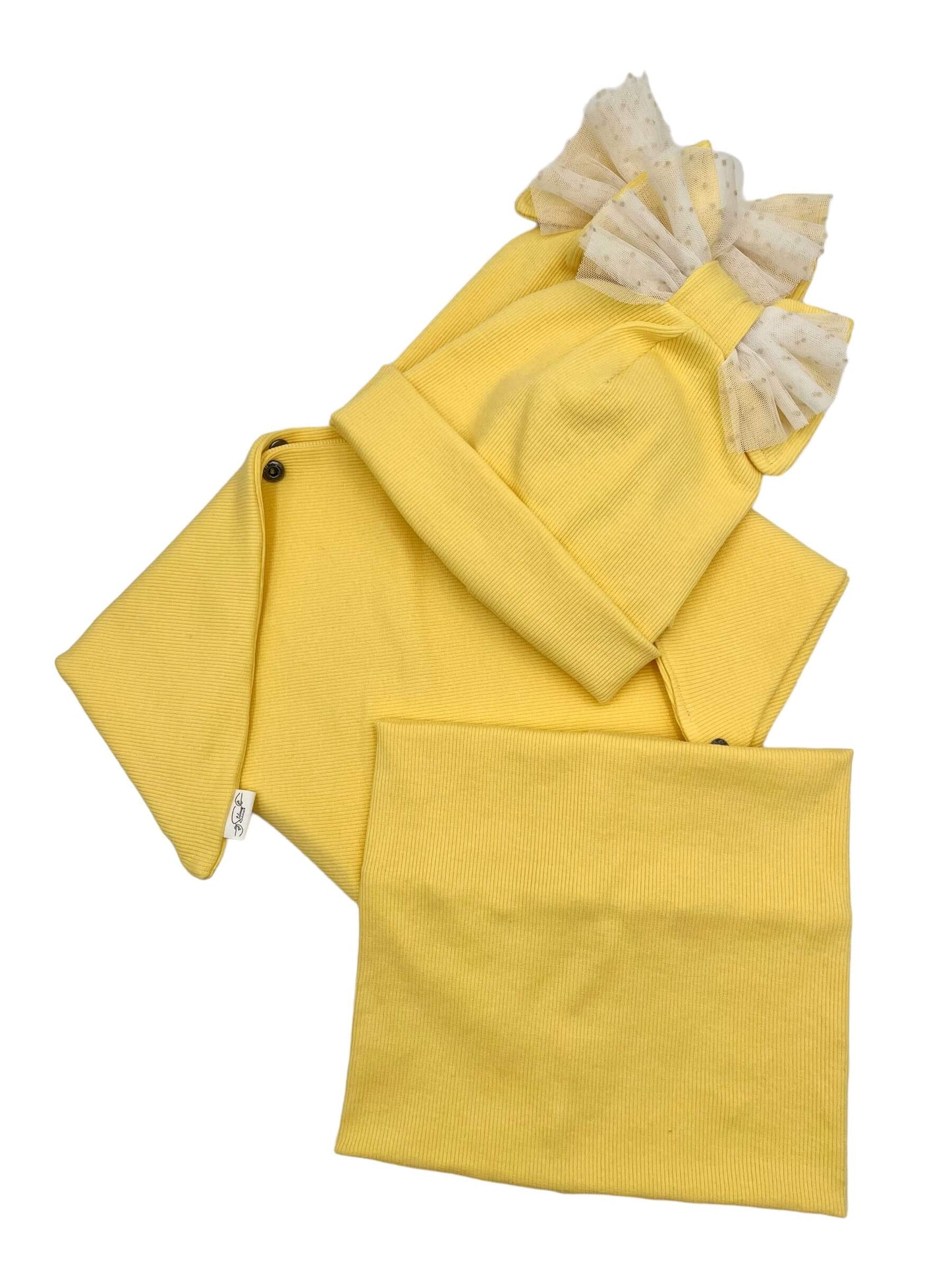 Švelniai geltonos spalvos RIB trikotažo kepurės ir šaliko/movos komplektai vaikams